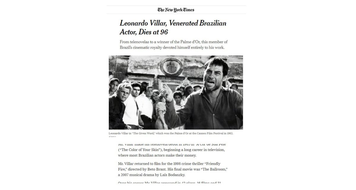 Ator entra no obituário do “The New York Times”, que cita Beto Brant
